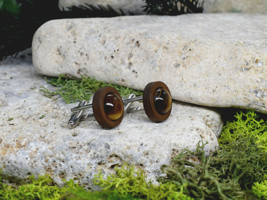 Wood Cufflinks with Tiger's Eye Stone #49
