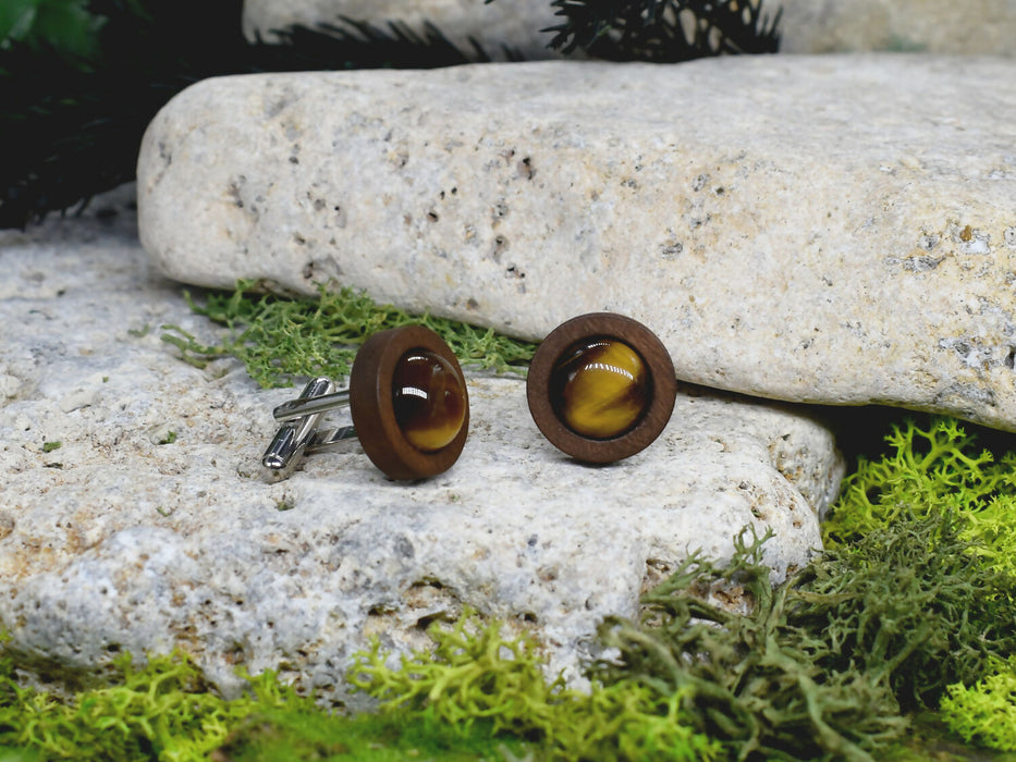 Wood Cufflinks with Tiger's Eye Stone #49