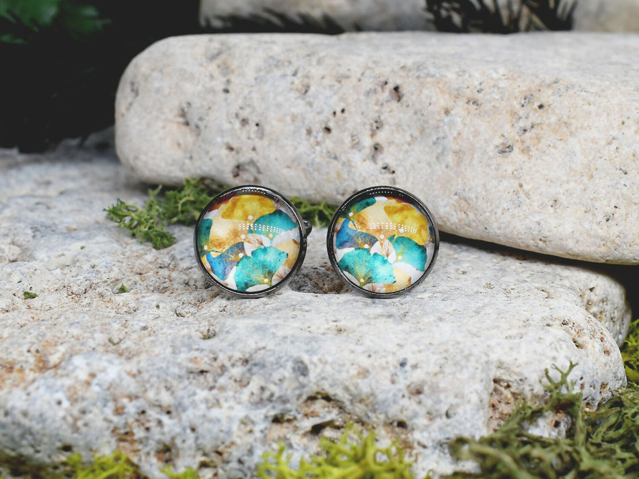 Black Steel Cufflinks with Abstract Floral Glass #80