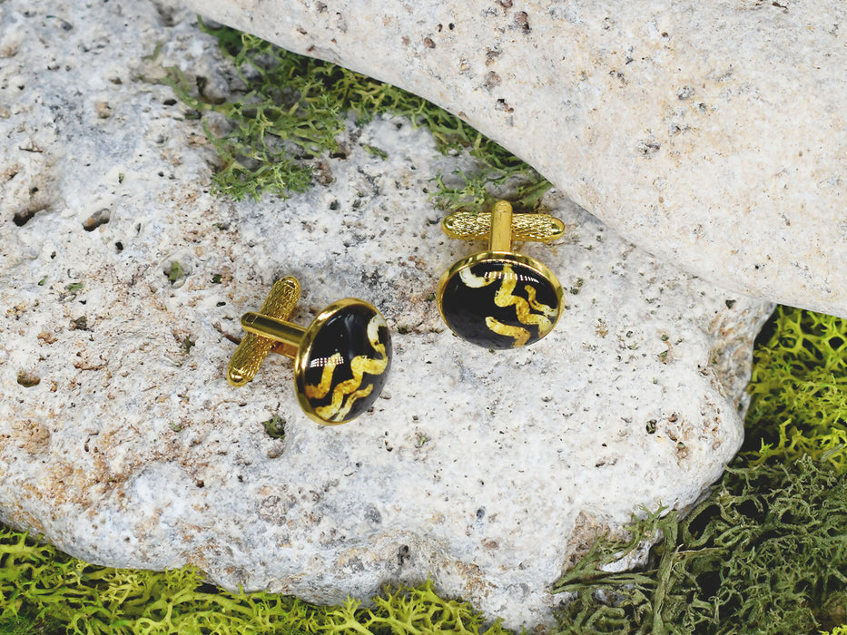 Gold Steel Cufflinks with Black-Gold Abstract Glass #61