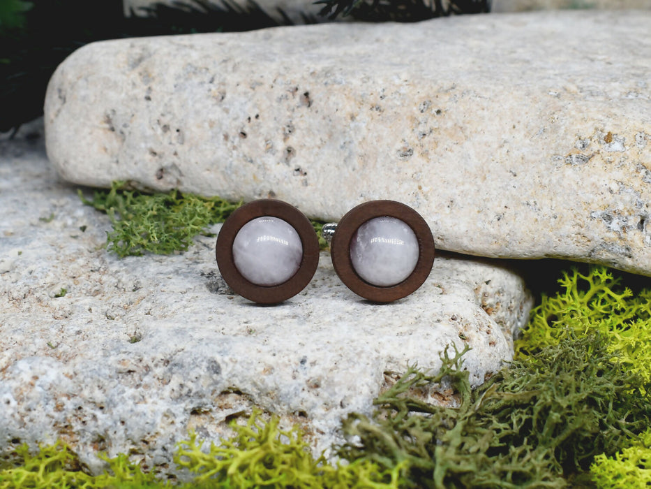Wood Cufflinks with Rose Quartz Stone #47
