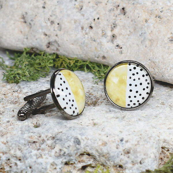 Black Steel Cufflinks with Abstract Glass #66