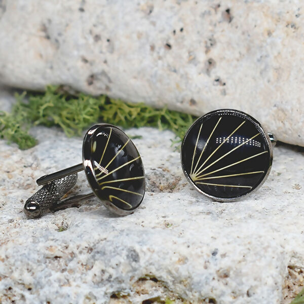Black Steel Cufflinks with Abstract Glass #74
