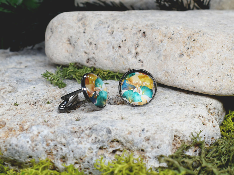 Black Steel Cufflinks with Abstract Floral Glass #80