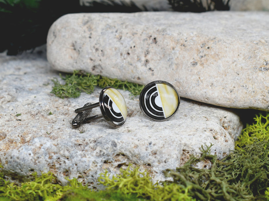 Black Steel Cufflinks with Abstract Glass #68