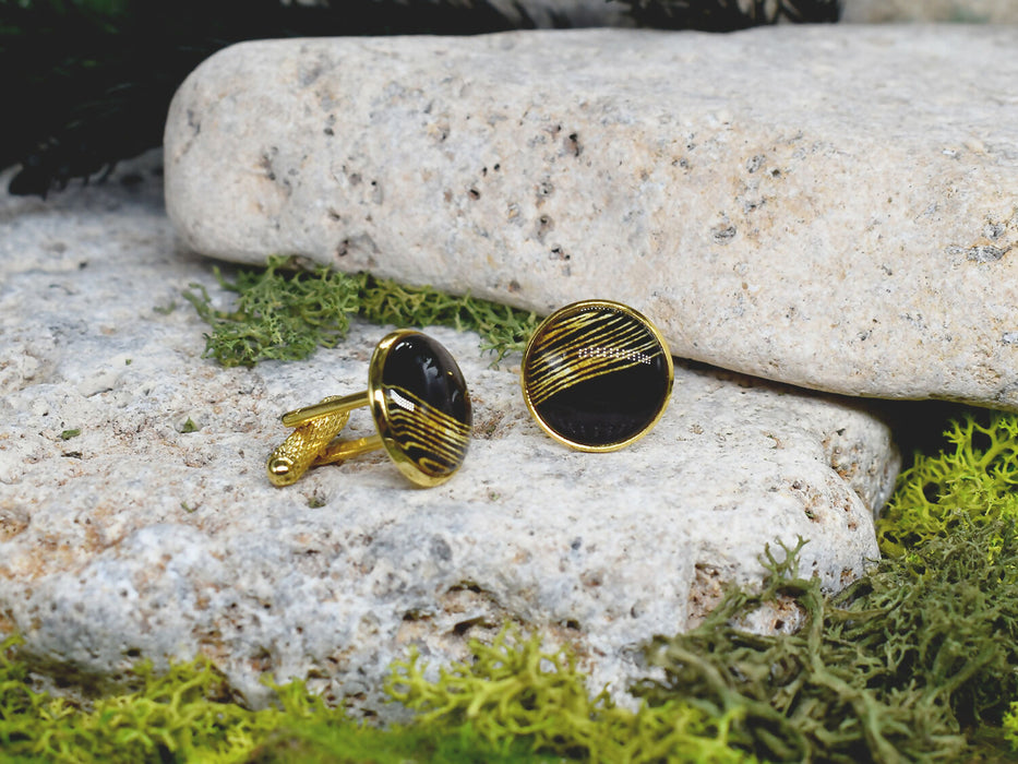 Gold Steel Cufflinks with Black-Gold Abstract Glass #62