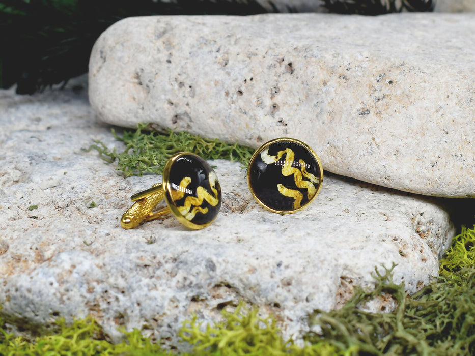 Gold Steel Cufflinks with Black-Gold Abstract Glass #61