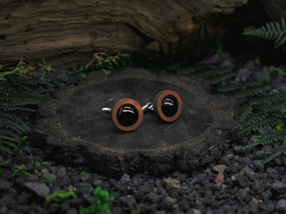 Wood Cufflinks with Black Agate Stone #51