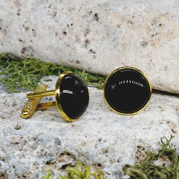 Gold Steel Cufflinks with Black Agate Stone #58