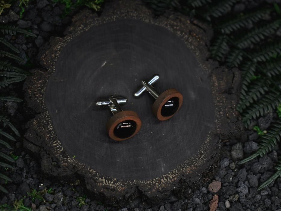 Wood Cufflinks with Black Agate Stone #51