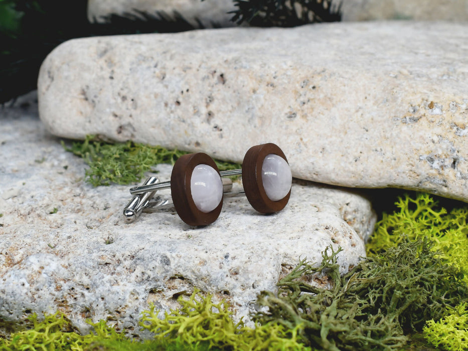 Wood Cufflinks with Rose Quartz Stone #47