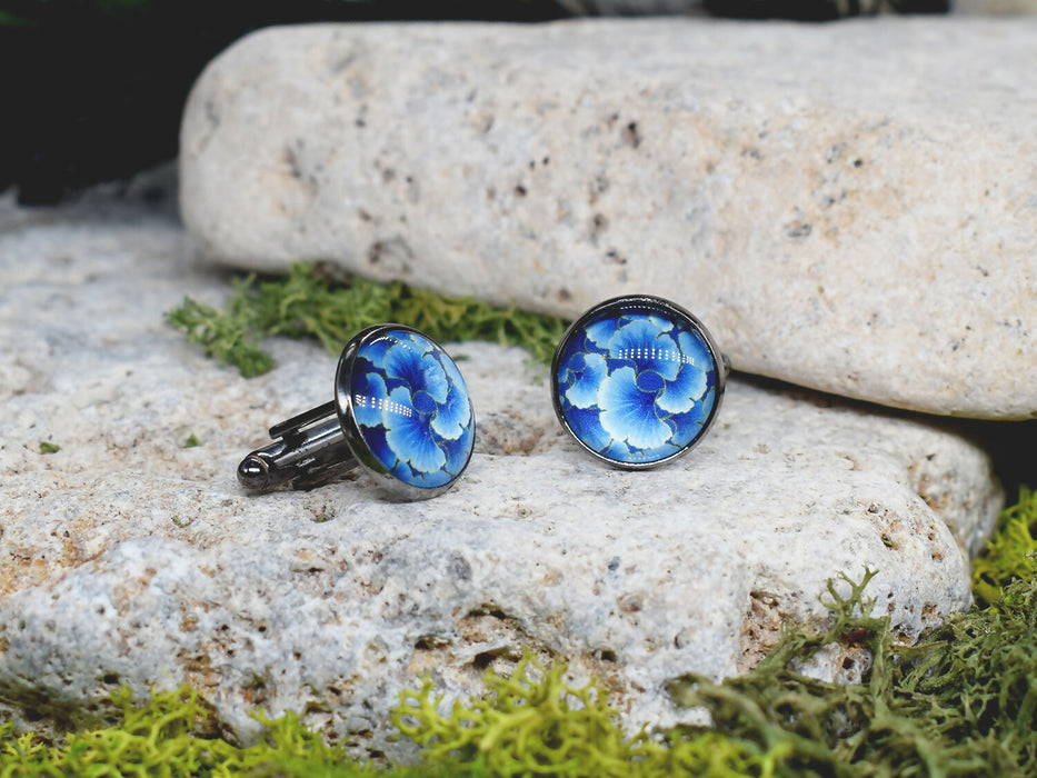 Black Steel Cufflinks with Abstract Floral Glass #82