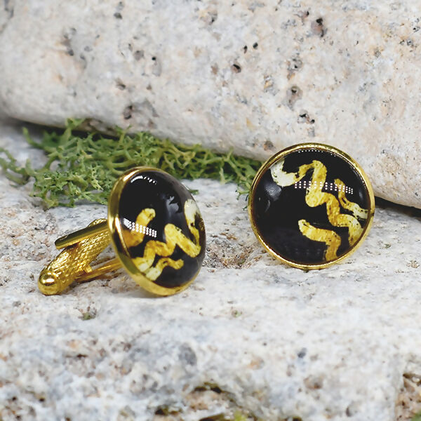 Gold Steel Cufflinks with Black-Gold Abstract Glass #61