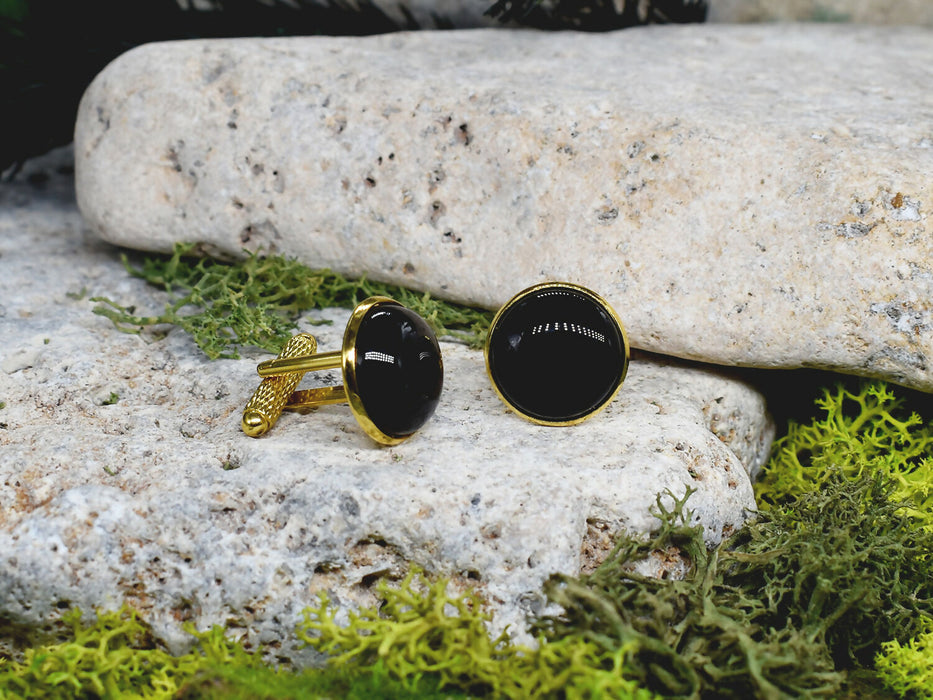 Gold Steel Cufflinks with Black Agate Stone #58