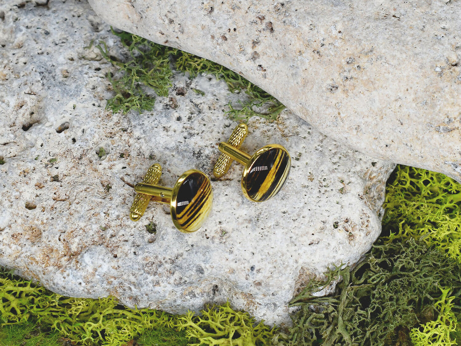 Gold Steel Cufflinks with Black-Gold Abstract Glass #63