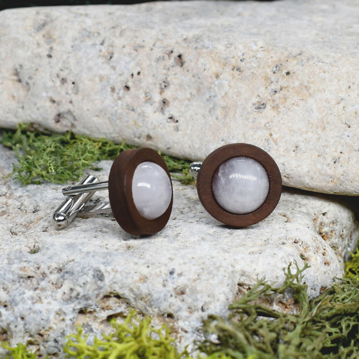 Wood Cufflinks with Rose Quartz Stone #47