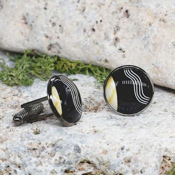 Black Steel Cufflinks with Abstract Glass #72