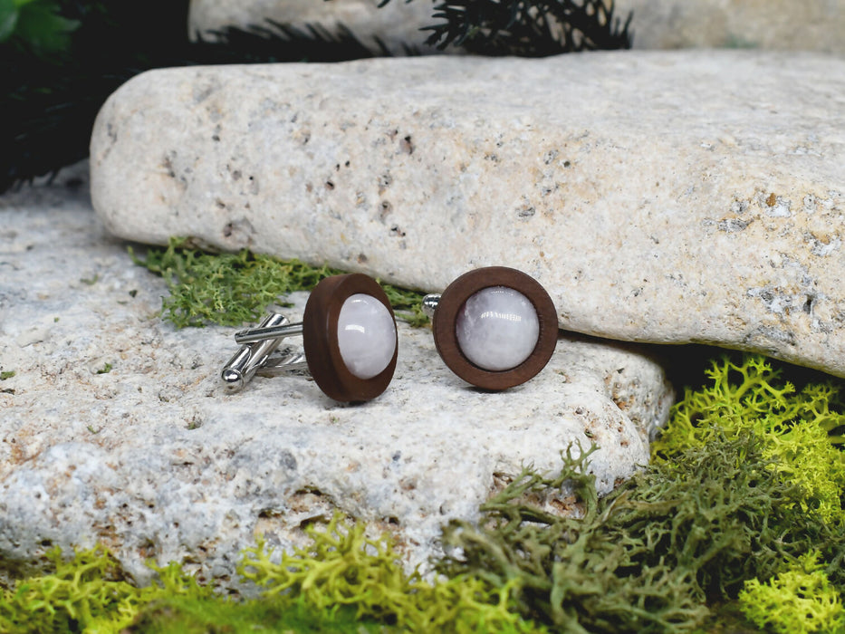 Wood Cufflinks with Rose Quartz Stone #47