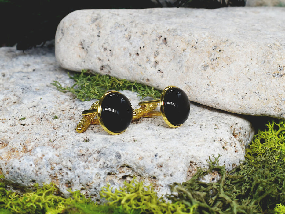 Gold Steel Cufflinks with Black Agate Stone #58