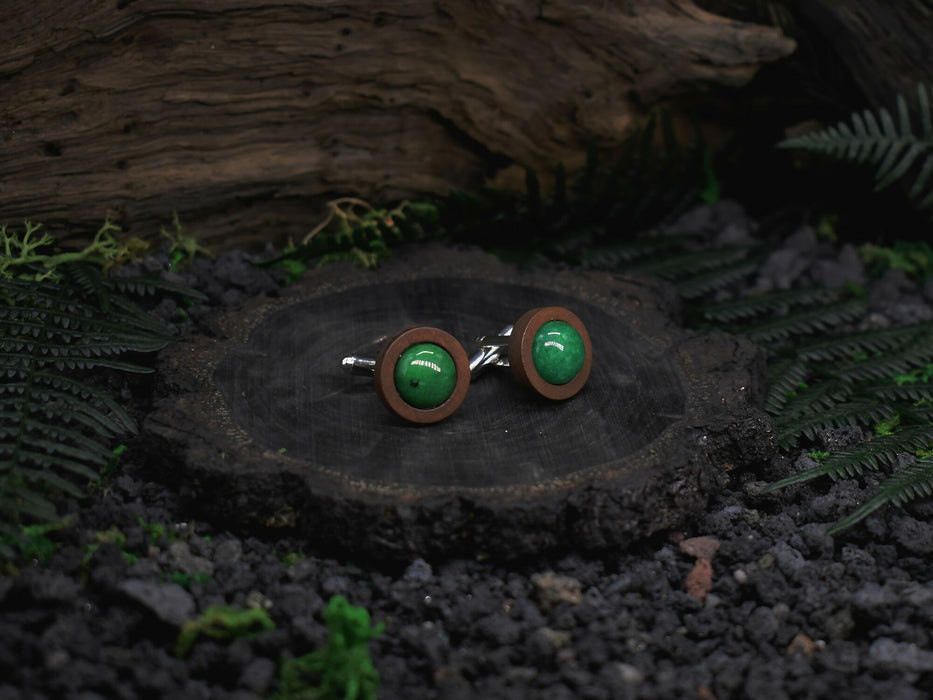 Wood Cufflinks with Green Jade Stone #44