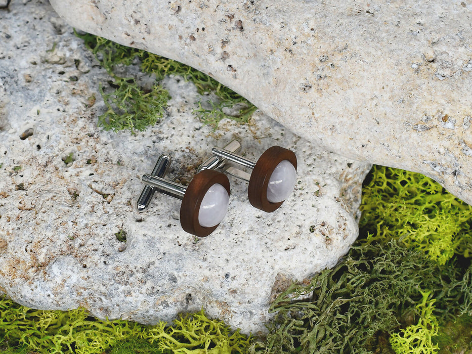Wood Cufflinks with Rose Quartz Stone #47