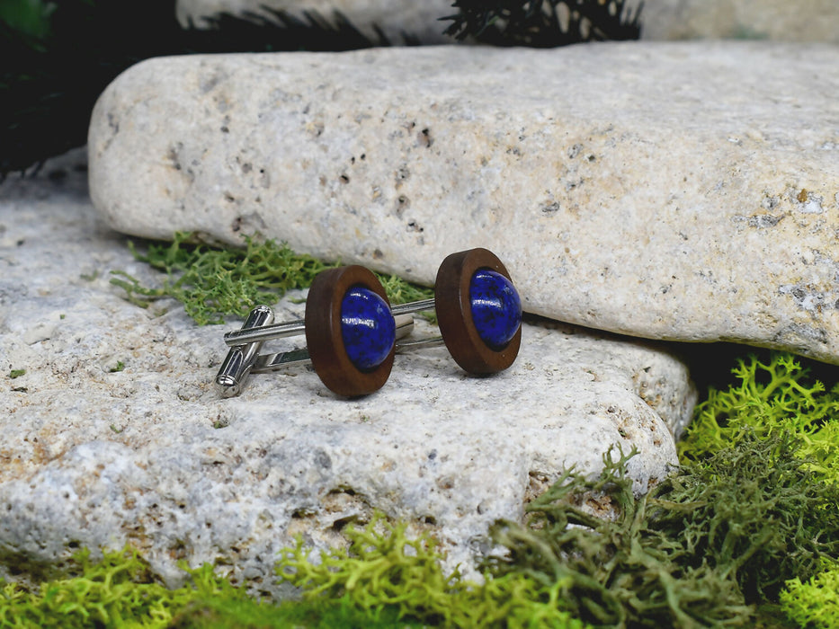 Wood Cufflinks with Lapis Lazuli Stone #52