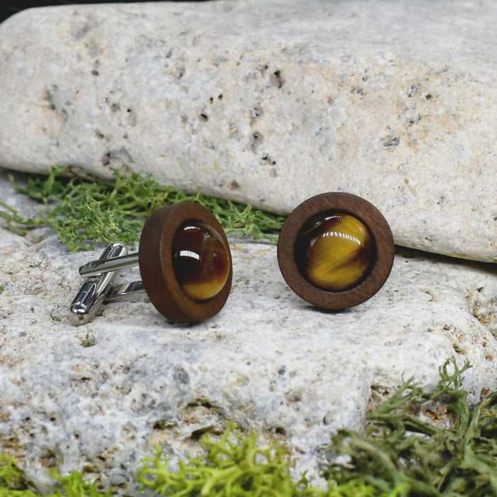 Wood Cufflinks with Tiger's Eye Stone #49