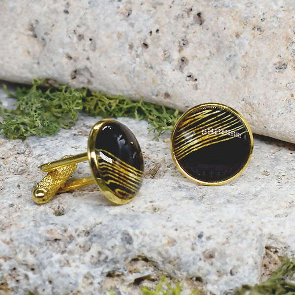 Gold Steel Cufflinks with Black-Gold Abstract Glass #62