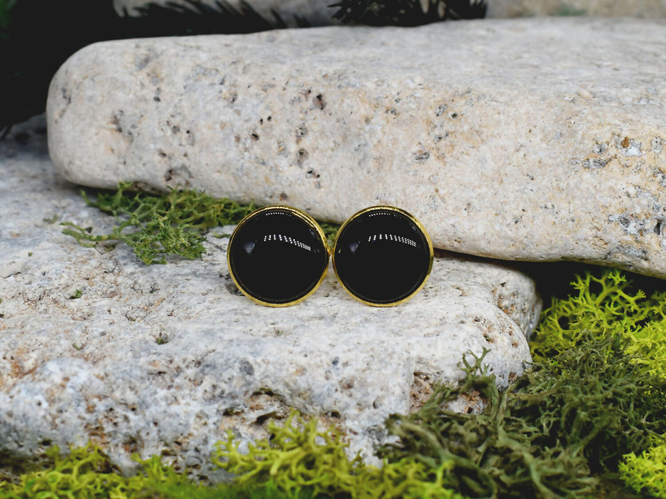 Gold Steel Cufflinks with Black Agate Stone #58