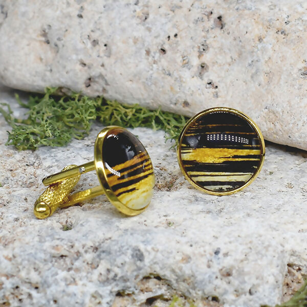Gold Steel Cufflinks with Black-Gold Abstract Glass #63