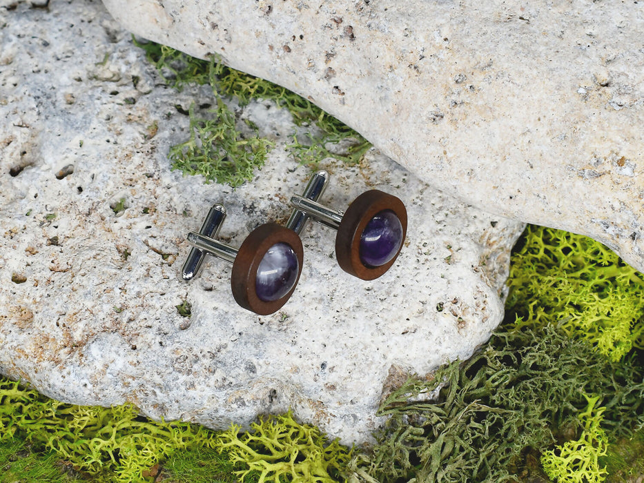 Wood Cufflinks with Amethyst Stone #46