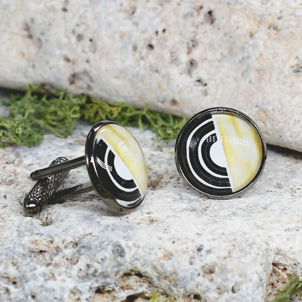 Black Steel Cufflinks with Abstract Glass #68
