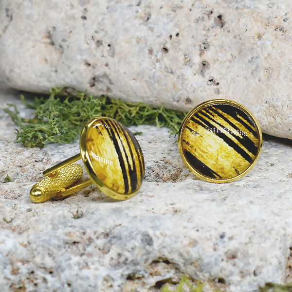 Gold Steel Cufflinks with Black-Gold Abstract Glass #64