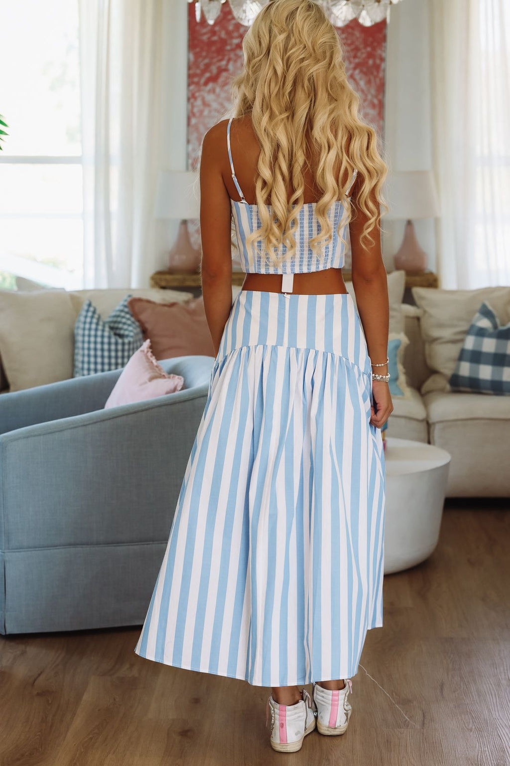 Stadium Stripes Crop Top - Baby Blue and White
