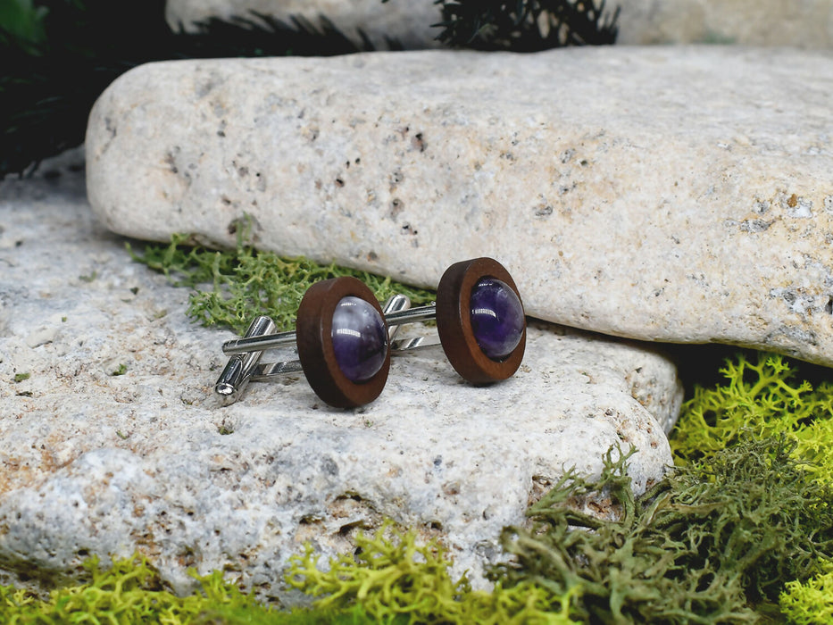Wood Cufflinks with Amethyst Stone #46