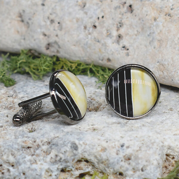 Black Steel Cufflinks with Abstract Glass #76