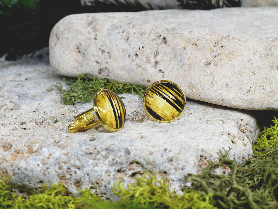 Gold Steel Cufflinks with Black-Gold Abstract Glass #64