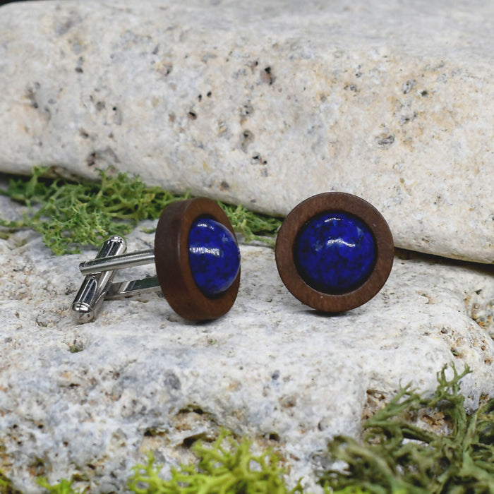 Wood Cufflinks with Lapis Lazuli Stone #52