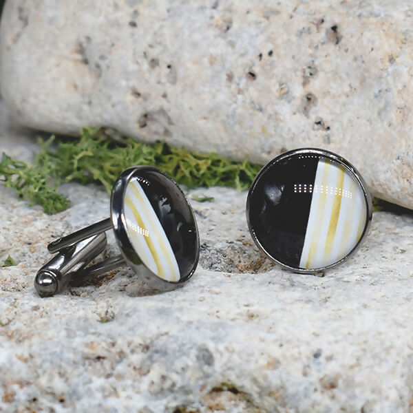 Black Steel Cufflinks with Abstract Glass #79
