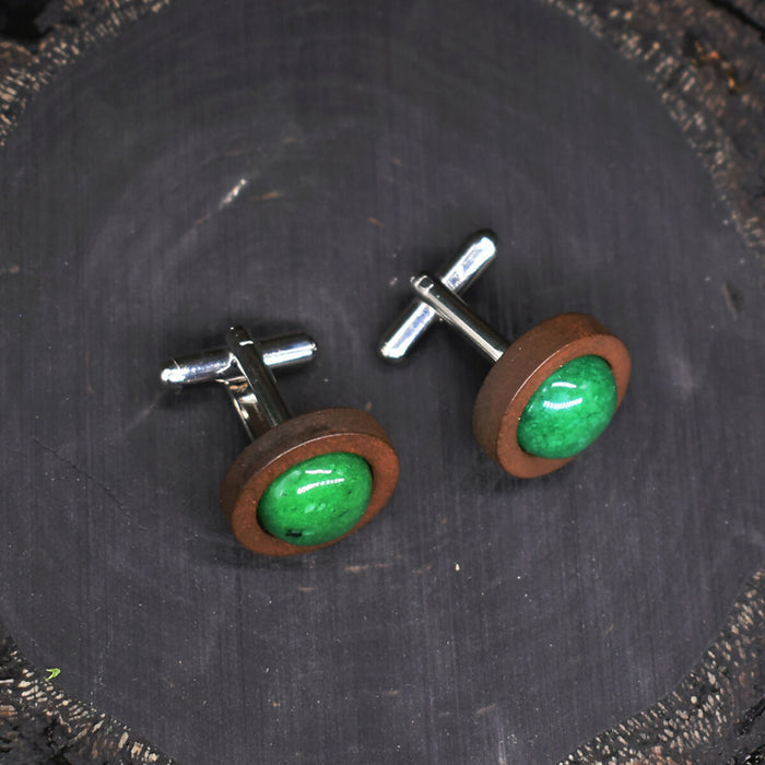 Wood Cufflinks with Green Jade Stone #44