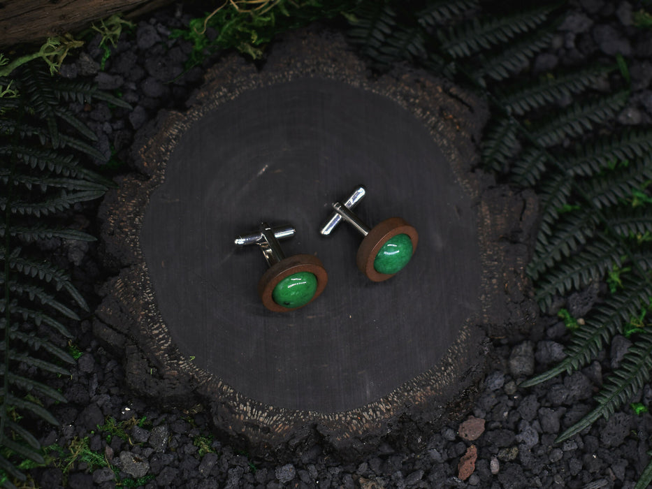 Wood Cufflinks with Green Jade Stone #44