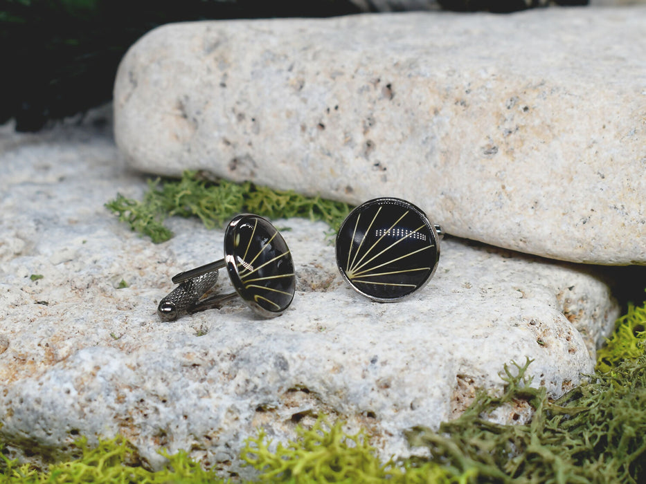 Black Steel Cufflinks with Abstract Glass #74
