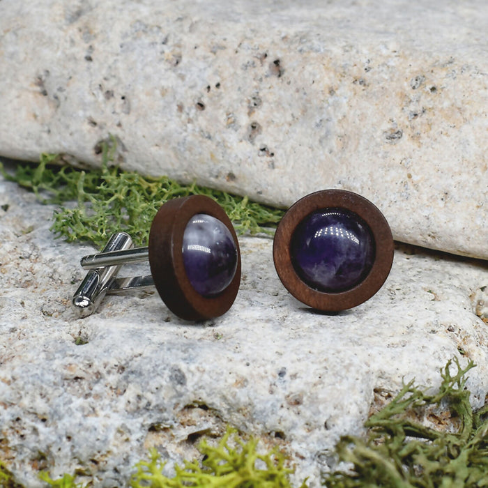 Wood Cufflinks with Amethyst Stone #46