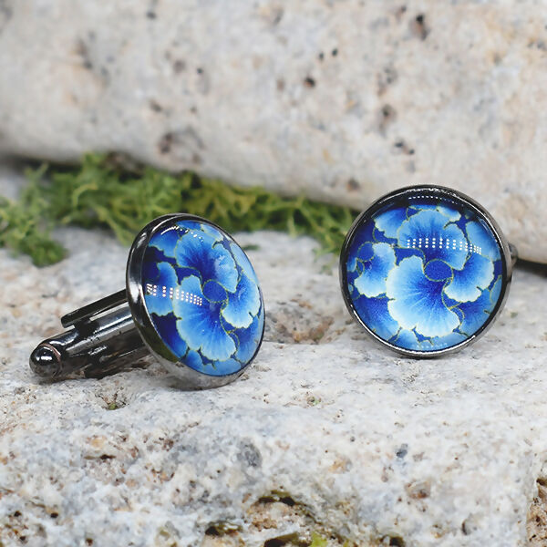 Black Steel Cufflinks with Abstract Floral Glass #82