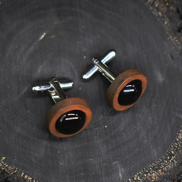 Wood Cufflinks with Black Agate Stone #51
