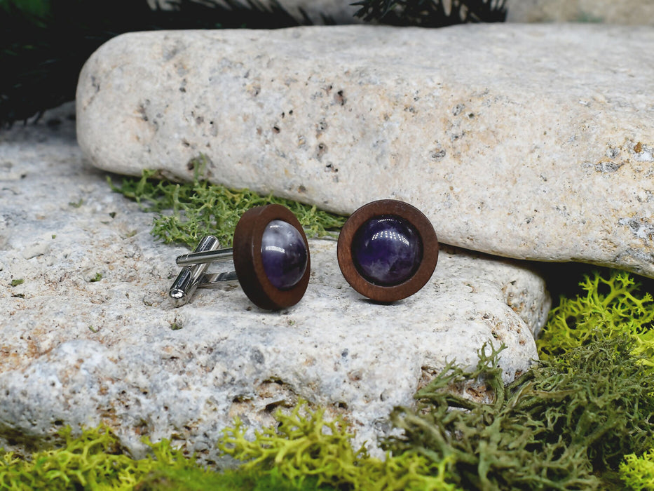 Wood Cufflinks with Amethyst Stone #46