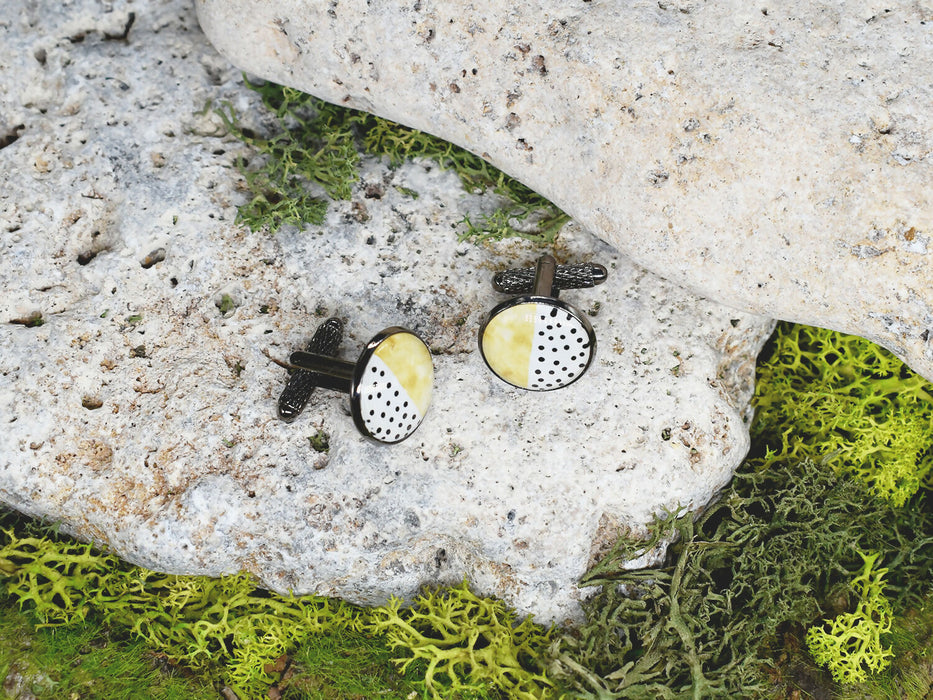 Black Steel Cufflinks with Abstract Glass #66
