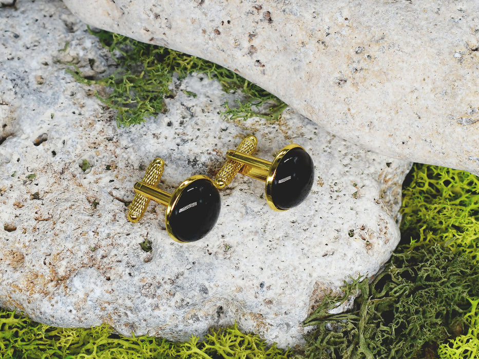 Gold Steel Cufflinks with Black Agate Stone #58
