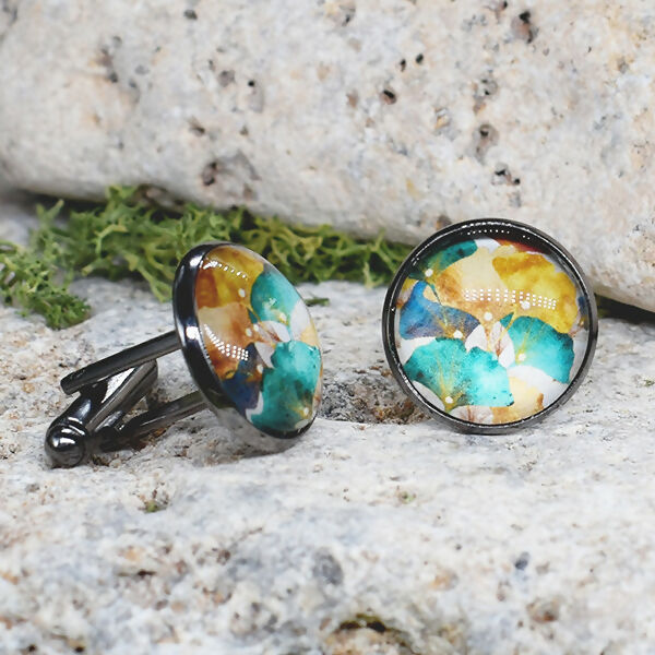 Black Steel Cufflinks with Abstract Floral Glass #80