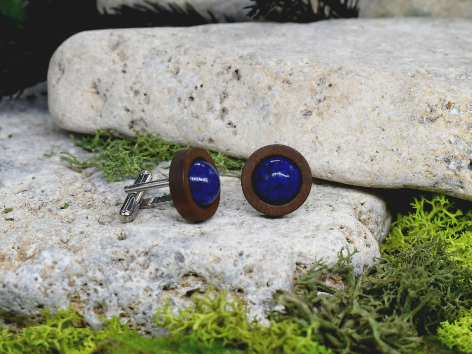 Wood Cufflinks with Lapis Lazuli Stone #52
